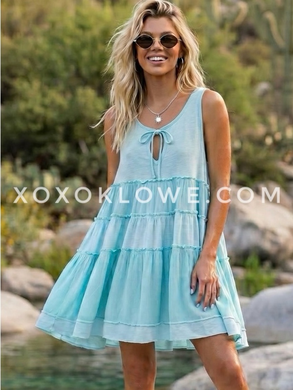 POL Aqua Blue Babydoll Tank Mini Dress | Tiered Scoop Neck Swing